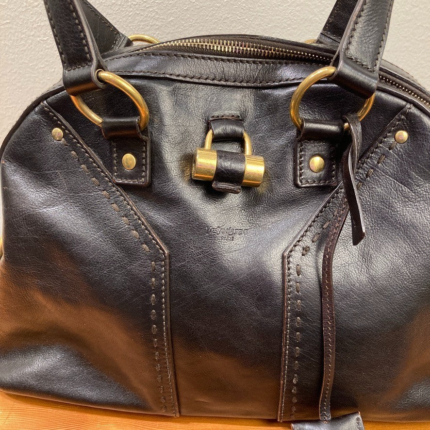 Yves Saint Laurent Black Leather Muse Rive Gauche Satchel Purse Bag - 1017SC