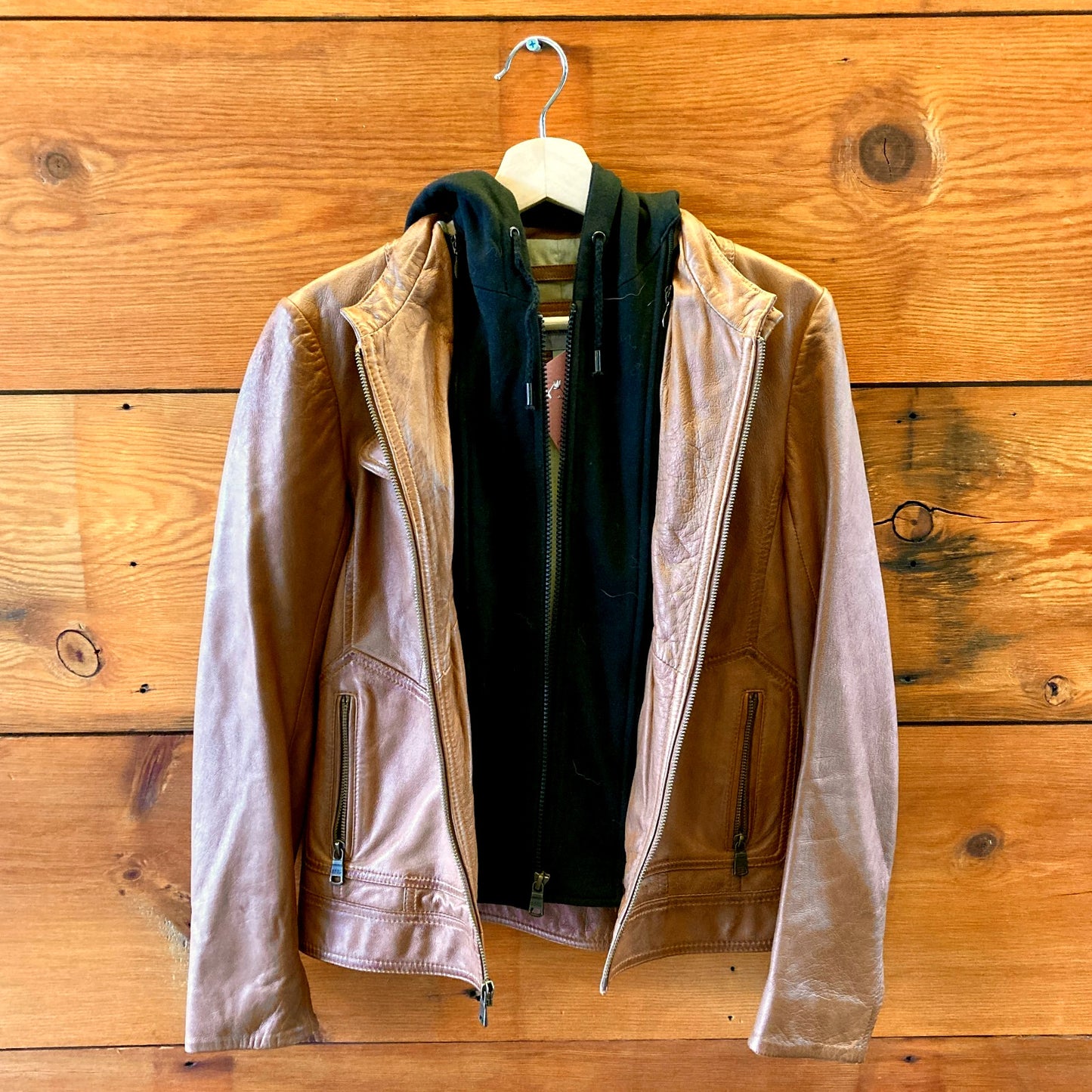 S - Andrew Marc Brown Leather Zip Up w/ Detachable Hoodie Hooded Jacket 0926RE