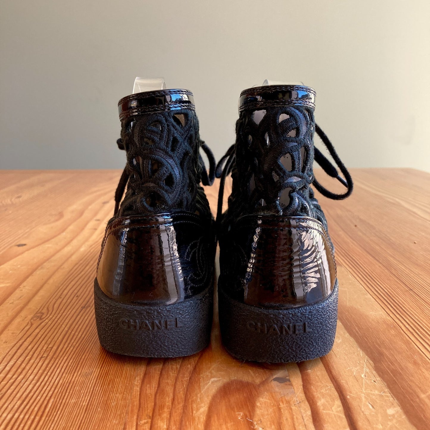 Chanel Black Floral Laser Cut Camelia High Tops Sneakers Shoes - Size 8 - 0709EH