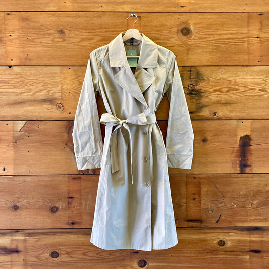 Eileen Fisher Khaki Button Front Tie Waist Nylon Trench Jacket - Sz XS - 0121PK