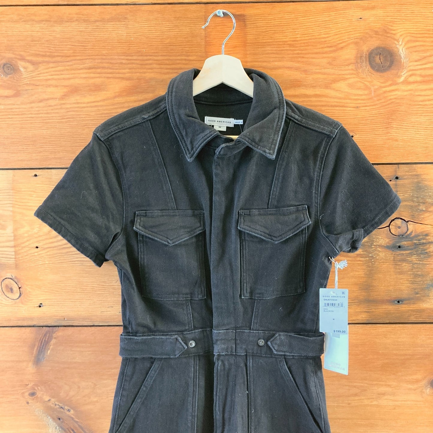 M - Good American $199 Black Short Sleeve Fit for Success Jumpsuit NEW 1222KT