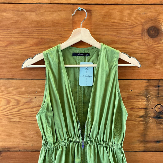 Deluc Green Sleeveless Zip Front Midi RUBBENS V-Neck Dress - Size XS - 0718DK
