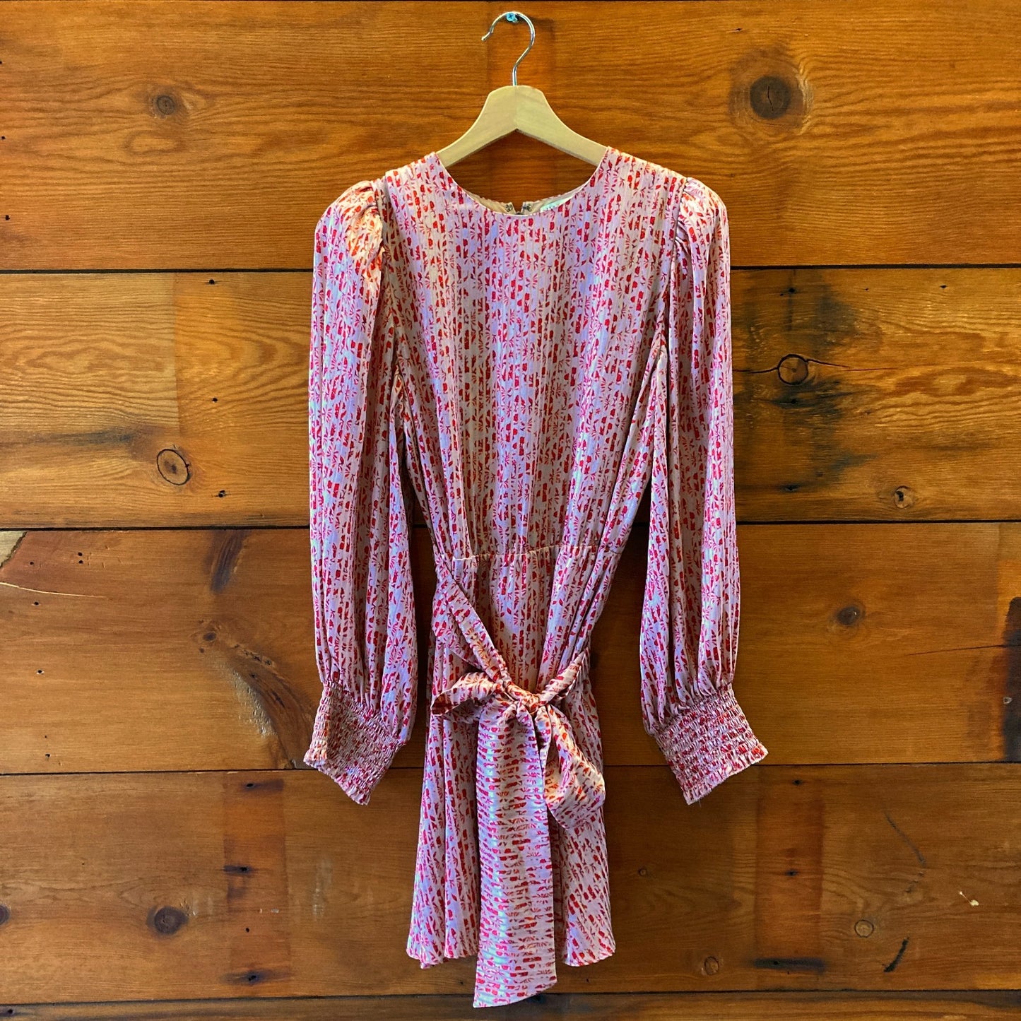 10 - Alice + Olivia Red Floral Striped Silk Long Sleeve Tie Waist Dress 0306SM