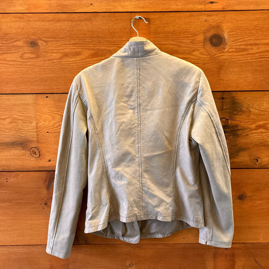 44 / L - Cigno Nero Light Gray Draped Asymmetric Zip Leather Jacket 0306SM