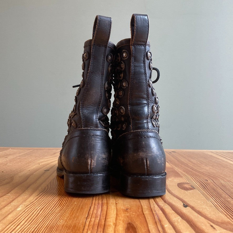 Frye Burnished Black Jenna Disc Laced Combat Studded Boots - Size 7.5 - 0731GH