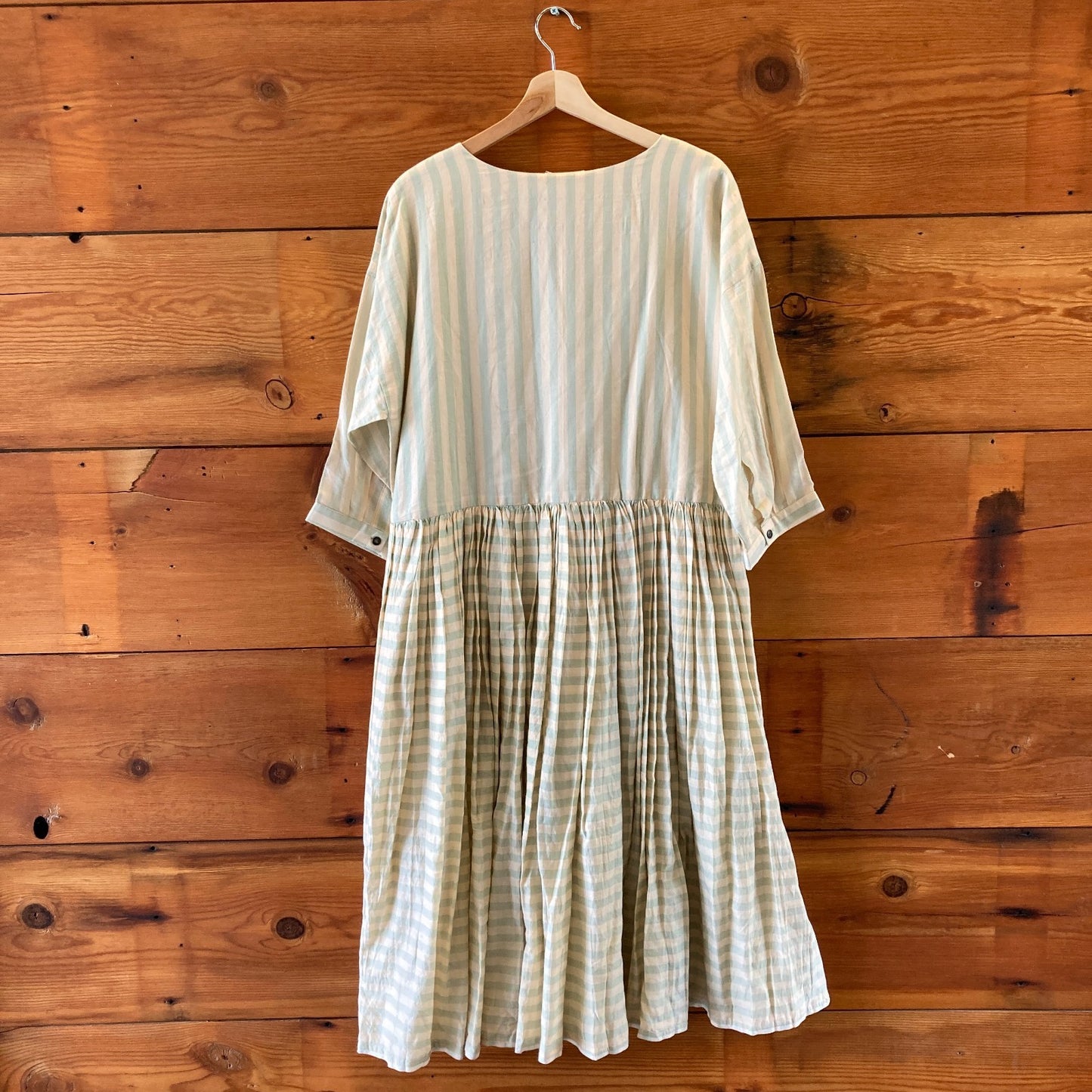 M - Runaway Bicycle Tan & Green Striped 3/4 Sleeve Silk Cotton Dress 0416JW