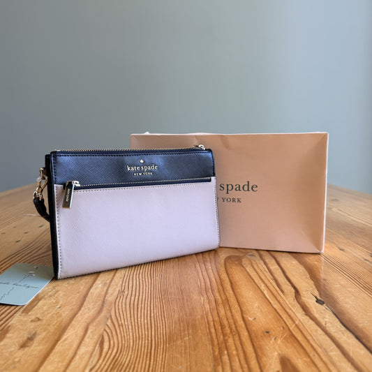 Kate Spade Black Tan Saffiano Leather Zip Top Wristlet Purse - NEW - 1107MJ