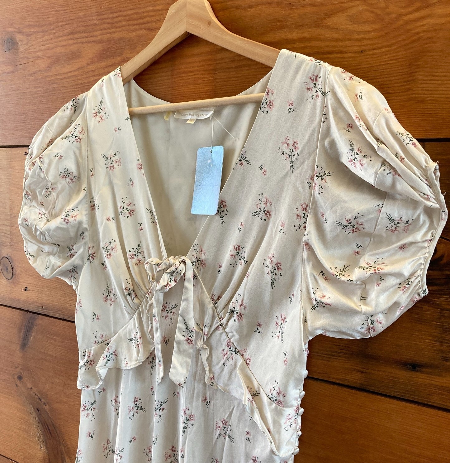 Love Shack Fancy White Floral Silk V-Neck Short Sleeve Dress - Size 8 - 1011SC
