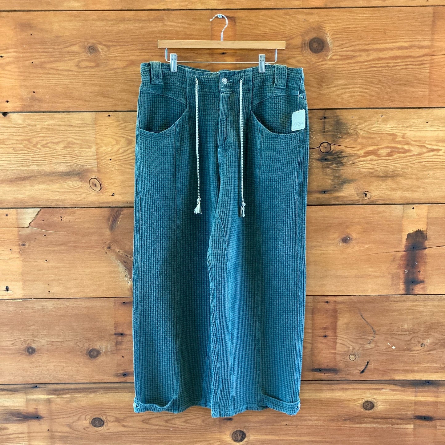 We the Free People $168 Green Waffle Knit Wide Leg Pants - Sz XL - NEW - 1122CT