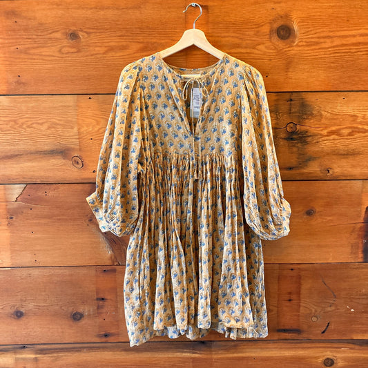 Daughters of India Sandalwood Tan Blue Printed Kyra Mini Dress - Size M - 0425NK