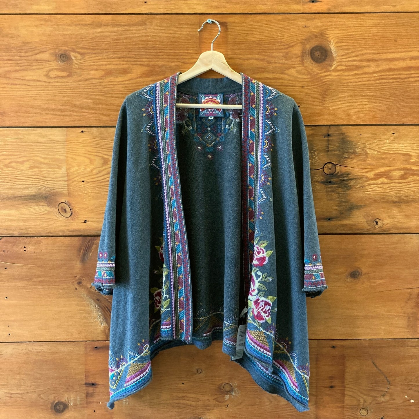 Johnny Was Gray Embroidered Open Front Cardigan Sweatshirt - Size M - 0621AS