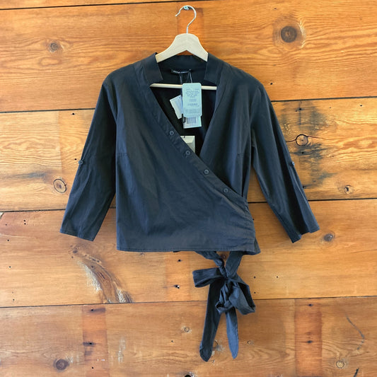 Sarah Pacini $498 Black Stretch Cotton Wrap Shirt Top - Size XS - NEW - 0320JS