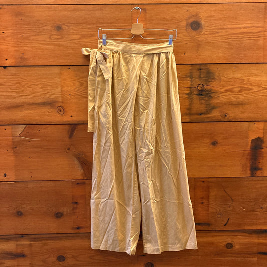 M - Black Crane Tan 100% Linen Tie Front Wide Leg Womens Pants 0416JW