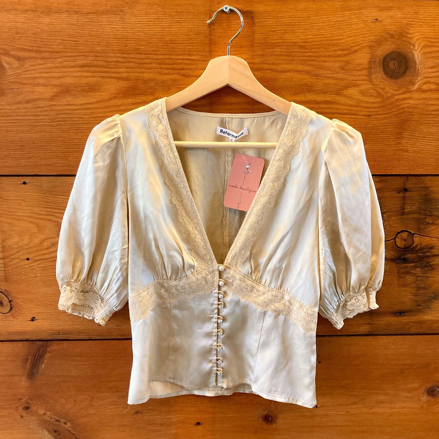 2 - Reformation Cream Silk Lace Detail Millie Short Puff Sleeve Top Shirt 0717SM