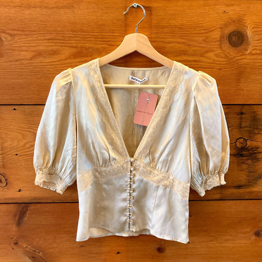 2 - Reformation Cream Silk Lace Detail Millie Short Puff Sleeve Top Shirt 0717SM