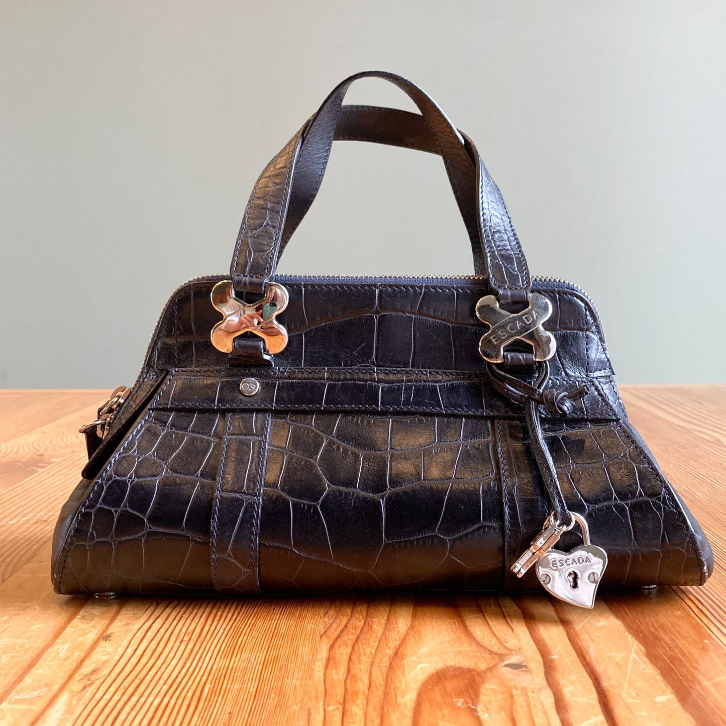 Vintage Escada Black Croc Embossed Top Zip Mini Handbag Purse 1107SS