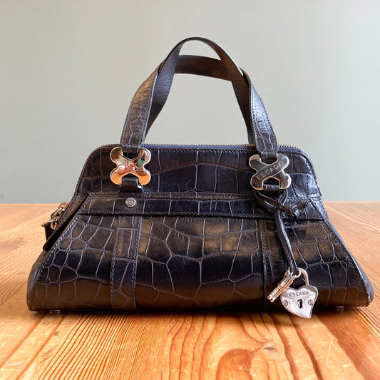 Vintage Escada Black Croc Embossed Top Zip Mini Handbag Purse 1107SS
