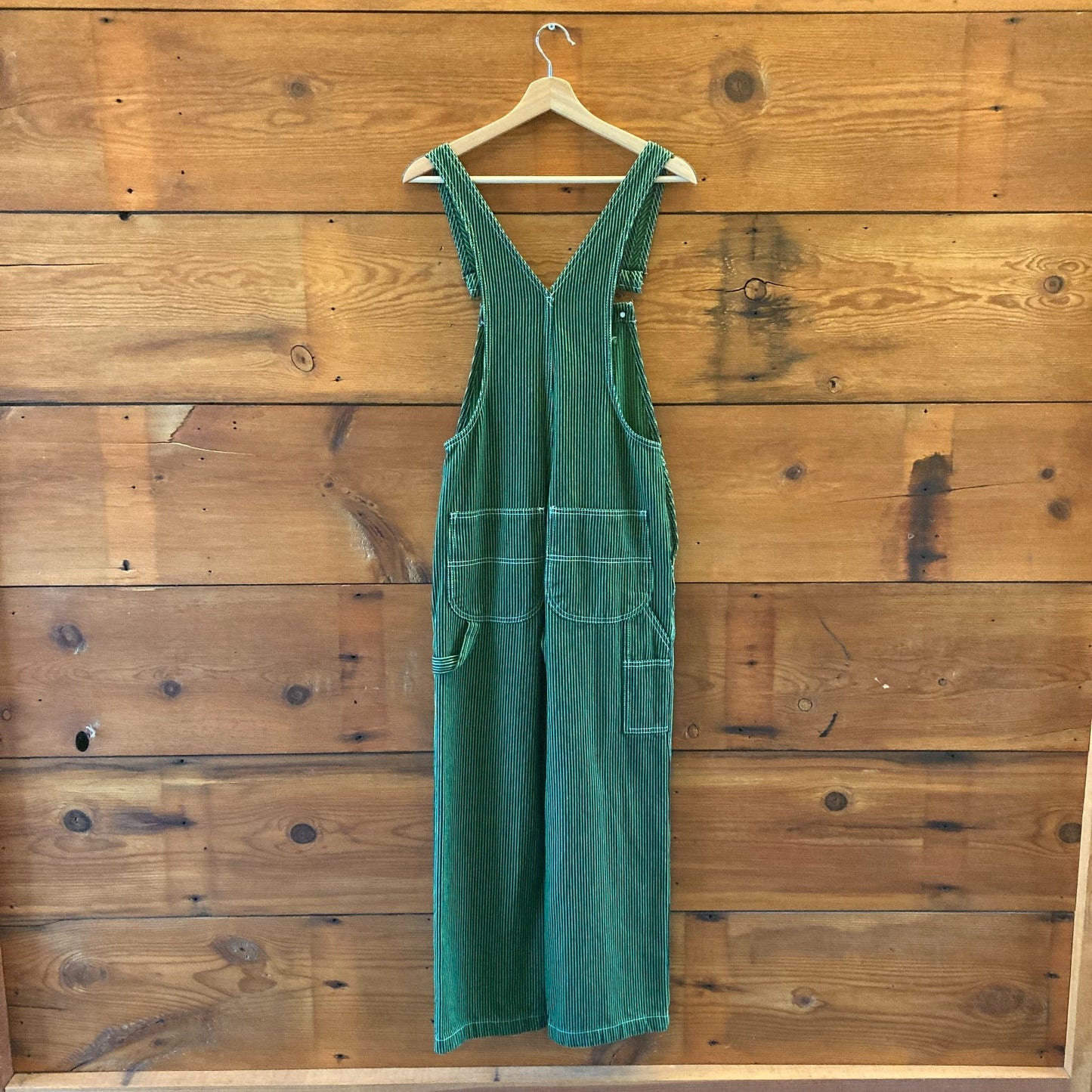 XS / S - Lykke Wullf Green Navy Striped Workwear Sierra Bib Overalls 0312IG