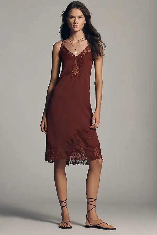 LyreBird Anthropologie NEW Red Brown Lace Silky Slip Dress - Size XL - 0422SJ