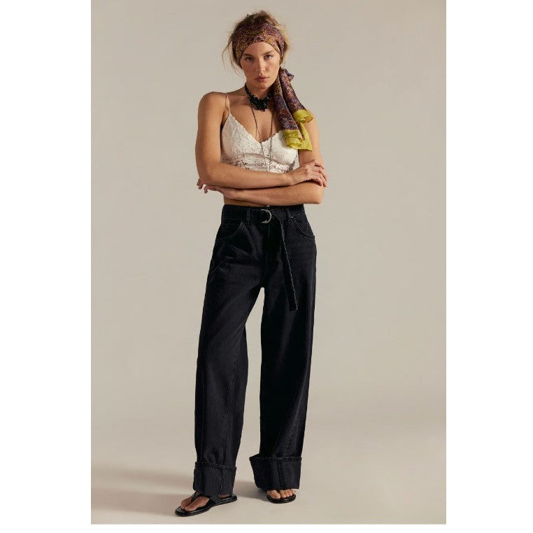 28 - We the Free People $128 Black Tie Waist East Bay Cuffed Jeans NEW 0312KP