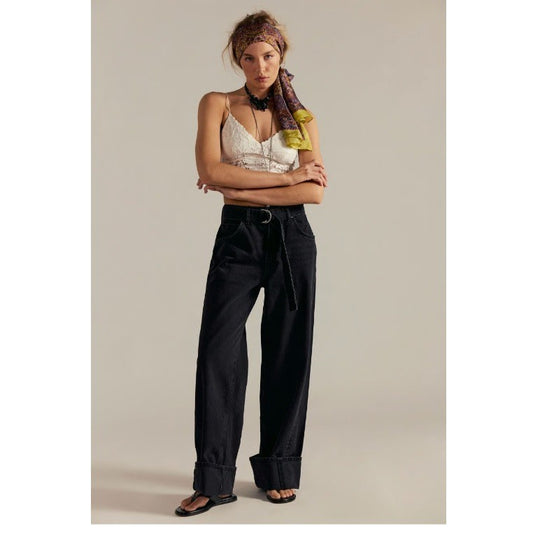 28 - We the Free People $128 Black Tie Waist East Bay Cuffed Jeans NEW 0312KP