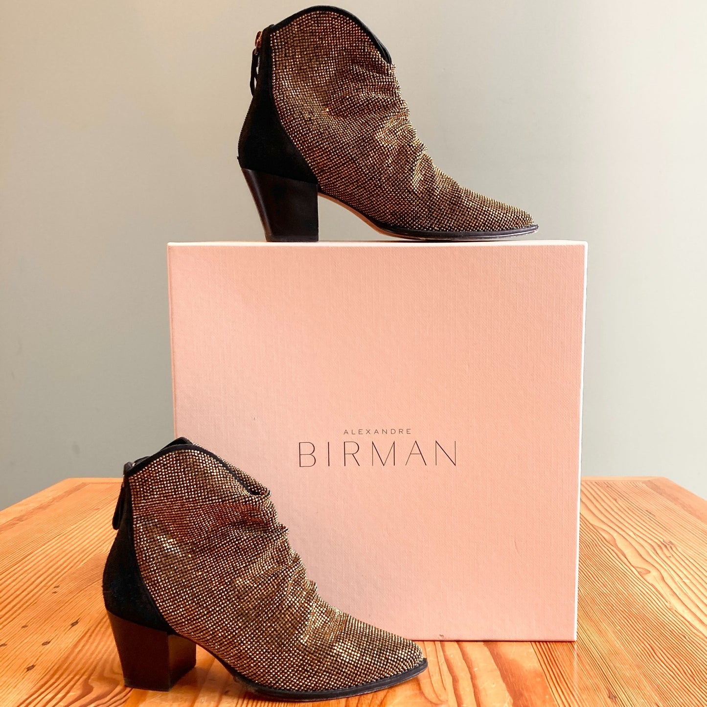 36.5 / 6-6.5 - Alexandre Birman Black & Gold Suede Jenny Booties w/ Box 0719JK