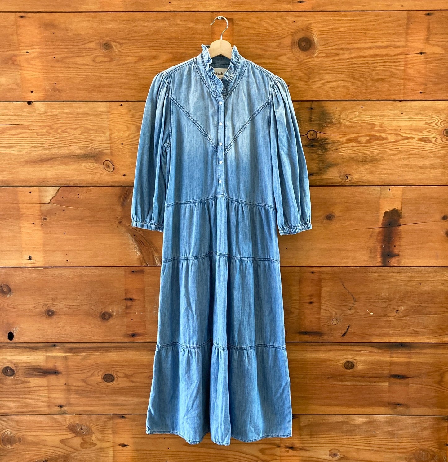 BA&SH Light Blue Denim Willow Tiered Midi Jean Chambray Dress  - Size M - 0316CK