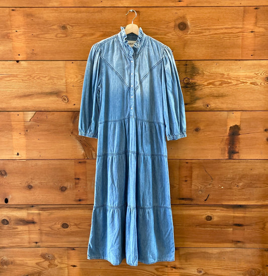 BA&SH Light Blue Denim Willow Tiered Midi Jean Chambray Dress  - Size M - 0316CK