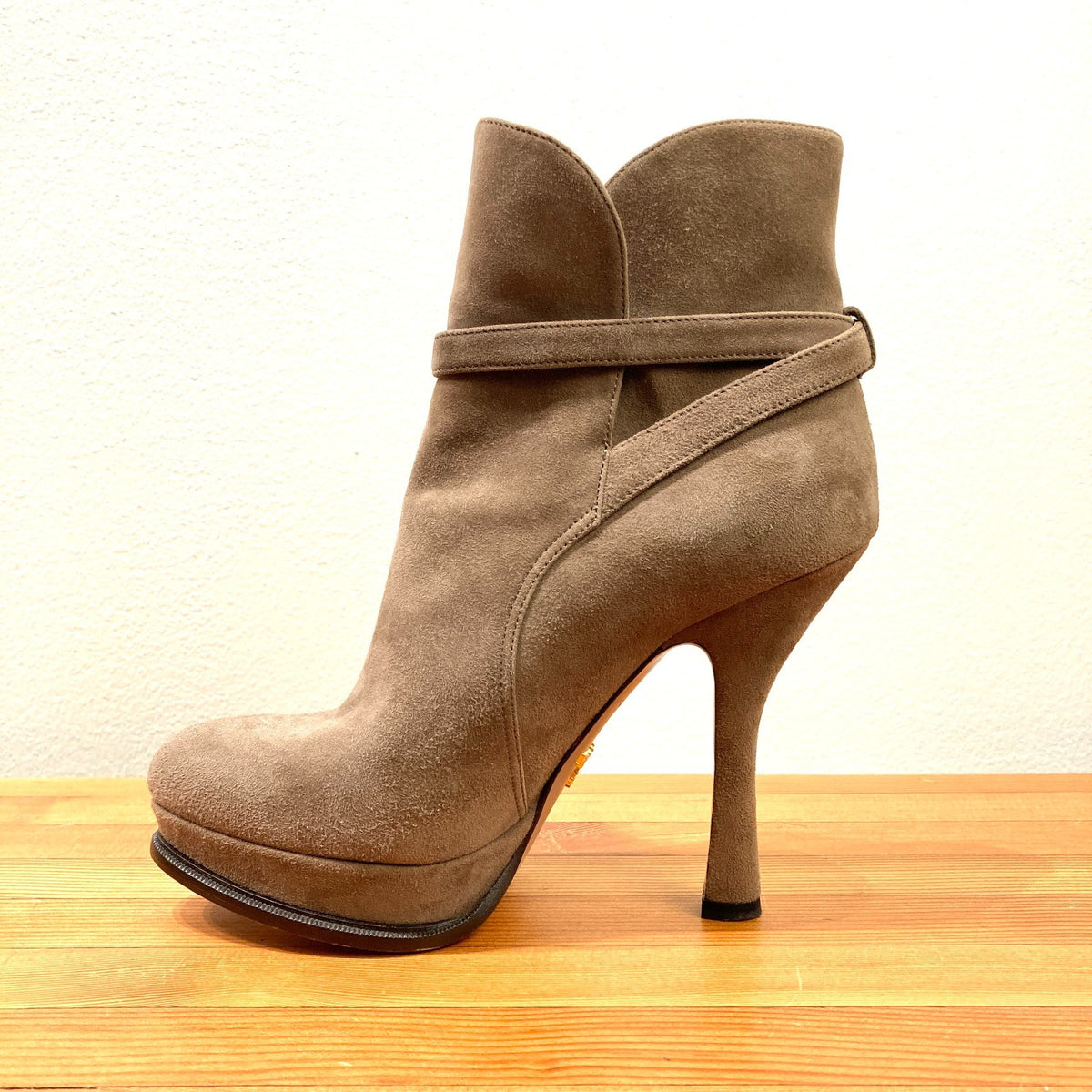 Prada Taupe Brown Suede Stiletto Heel Platform Ankle Boots - Sz 37 / 7 - 1017SC