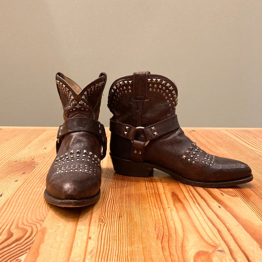 9.5 - Frye Dark Brown Leather Studded Billy Biker Short 76175 Boots 1111KF