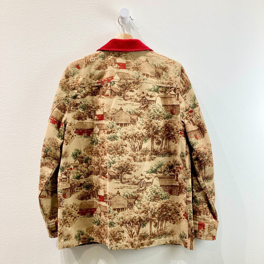 Vintage Ralph Lauren Toile Pattern Cord Collar Barn Coat Jacket - Sz S - 0620TO