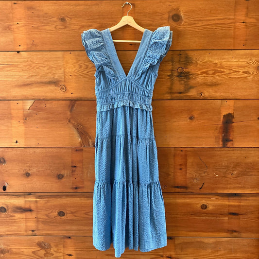 SEA Blue Plunging V-Neck Loren Cambric Flutter Sleeve Dress - Size S - 0411SZ
