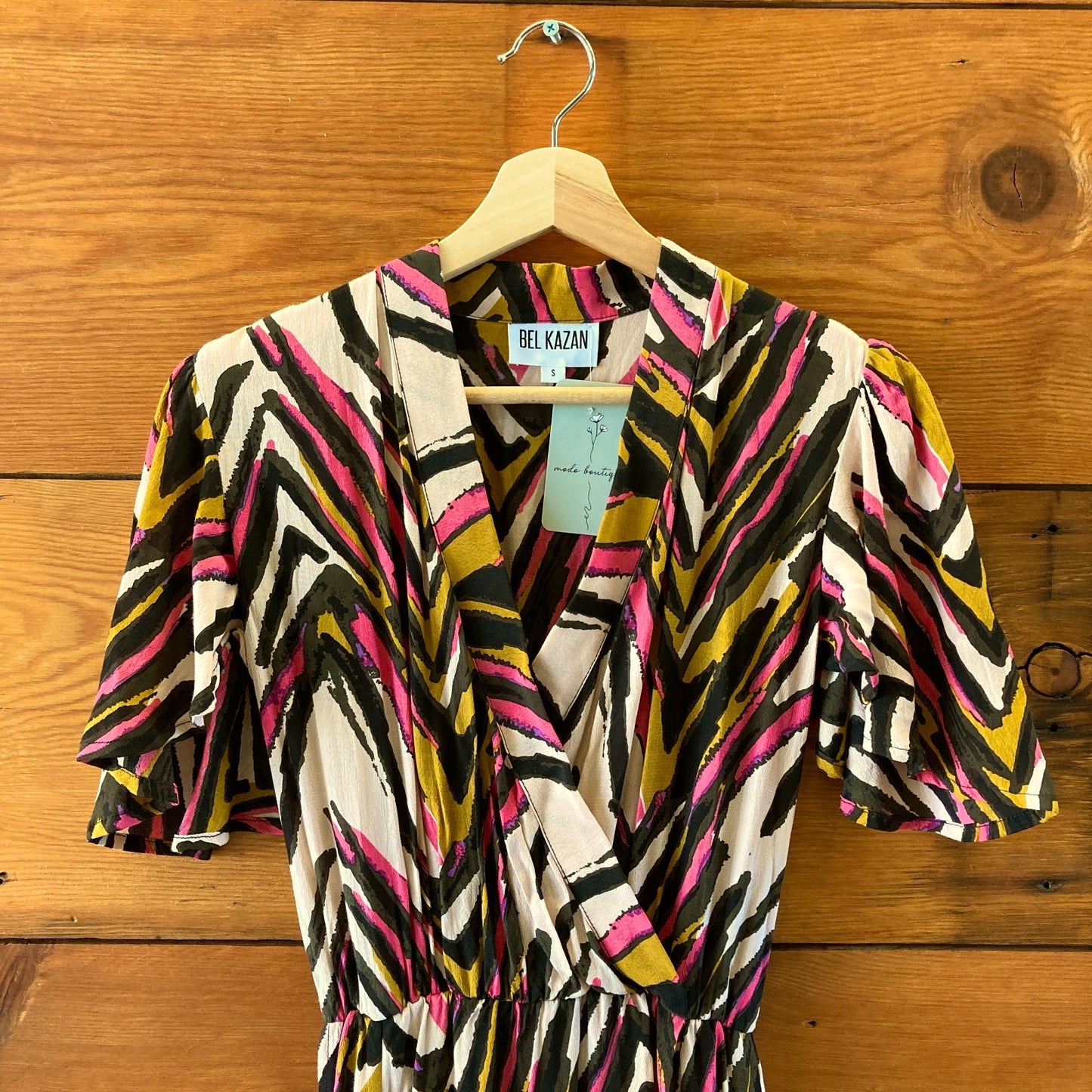 Bel Kazan Anthropologie Pink Black Print V-Neck Midi Dress - Size S - 0718DK