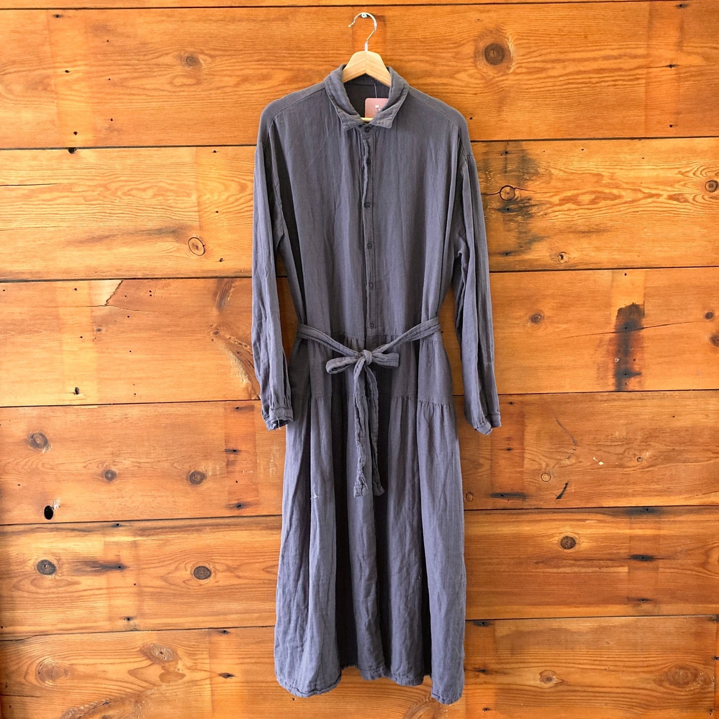 L - CP Shades Dark Gray Soft 100% Cotton Tie Waist Maxi Length Dress 0731EN
