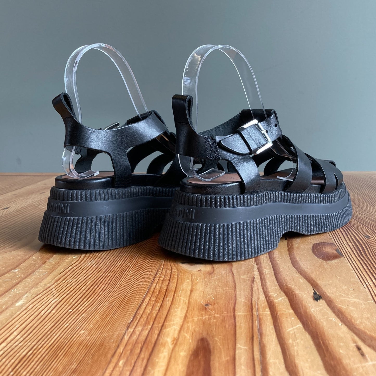 37/ 6.5 - GANNI Black Leather Platform Creepers Fisherman Sandals Shoes 0312IG