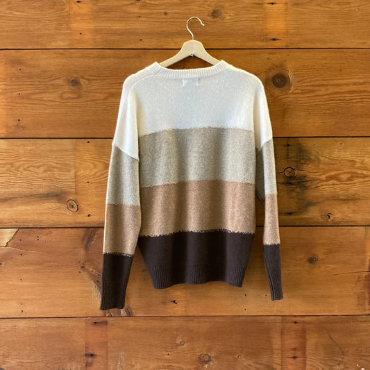 S/M - 27 Miles Ivory Brown Striped Pullover Crew Neck Cashmere Sweater 0224LJ