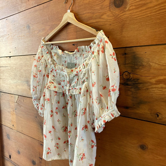 Doen White Floral Cotton Short Sleeve Organic Blouse Top - Size XXL - 0426KH
