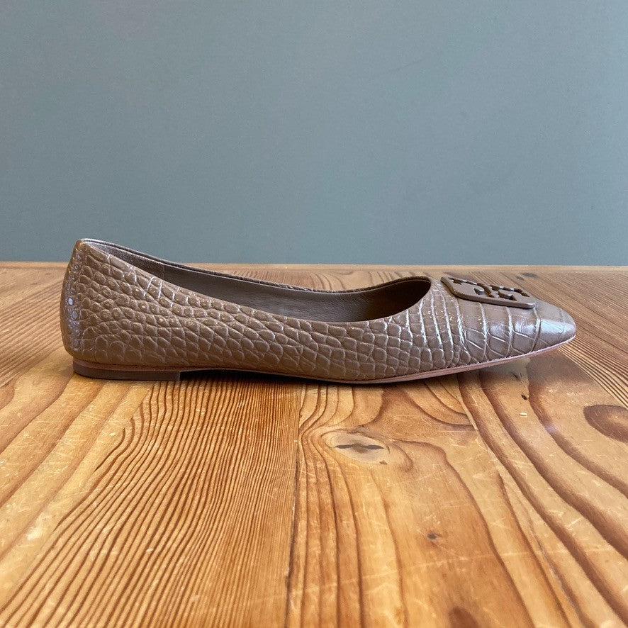 10 - Tory Burch Tan Brown Patent Leather Croc Embossed Flats Shoes 0206BS