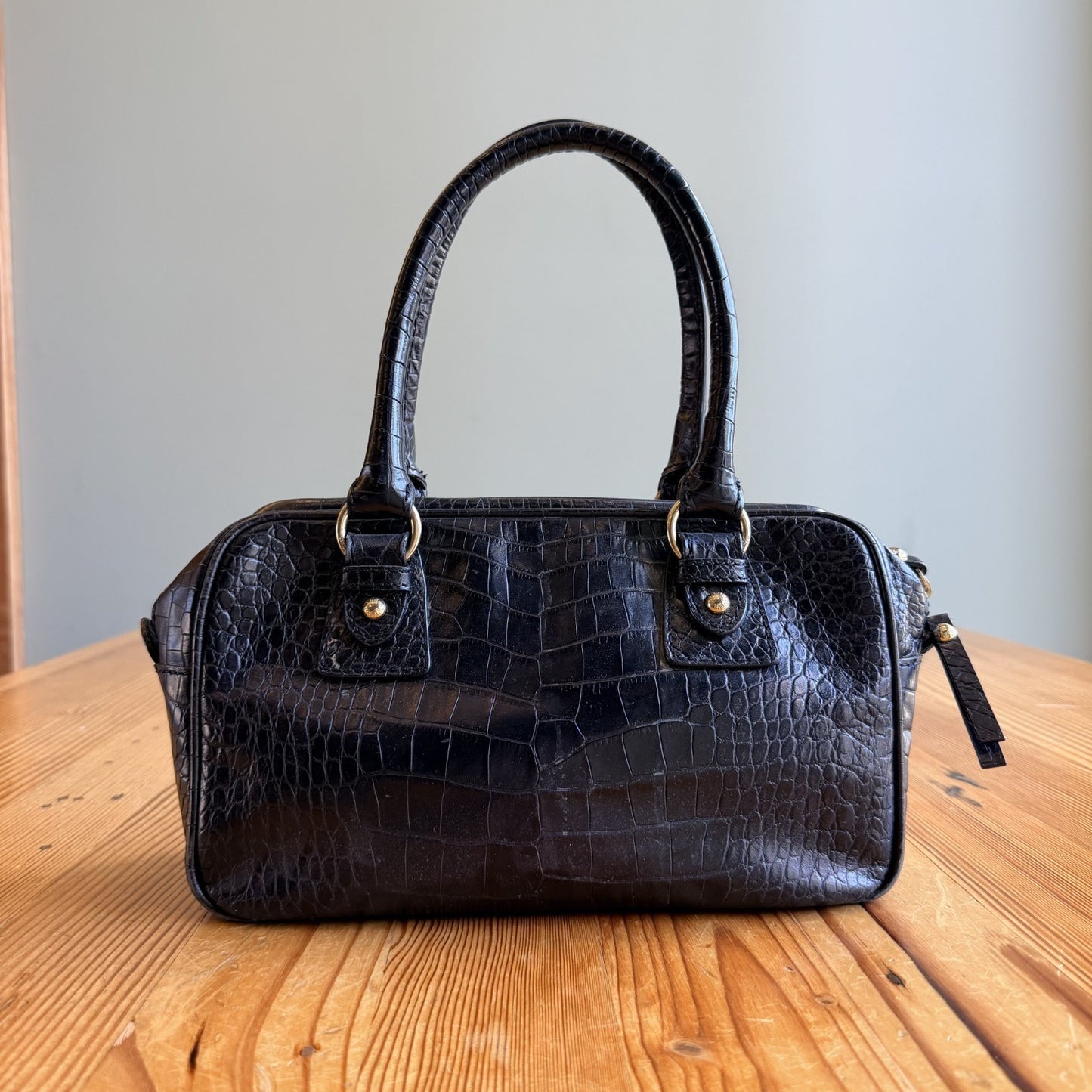 MaxMara Black Croc Embossed Vintage Leather Top Handle Zip Top Bag - 1022SW