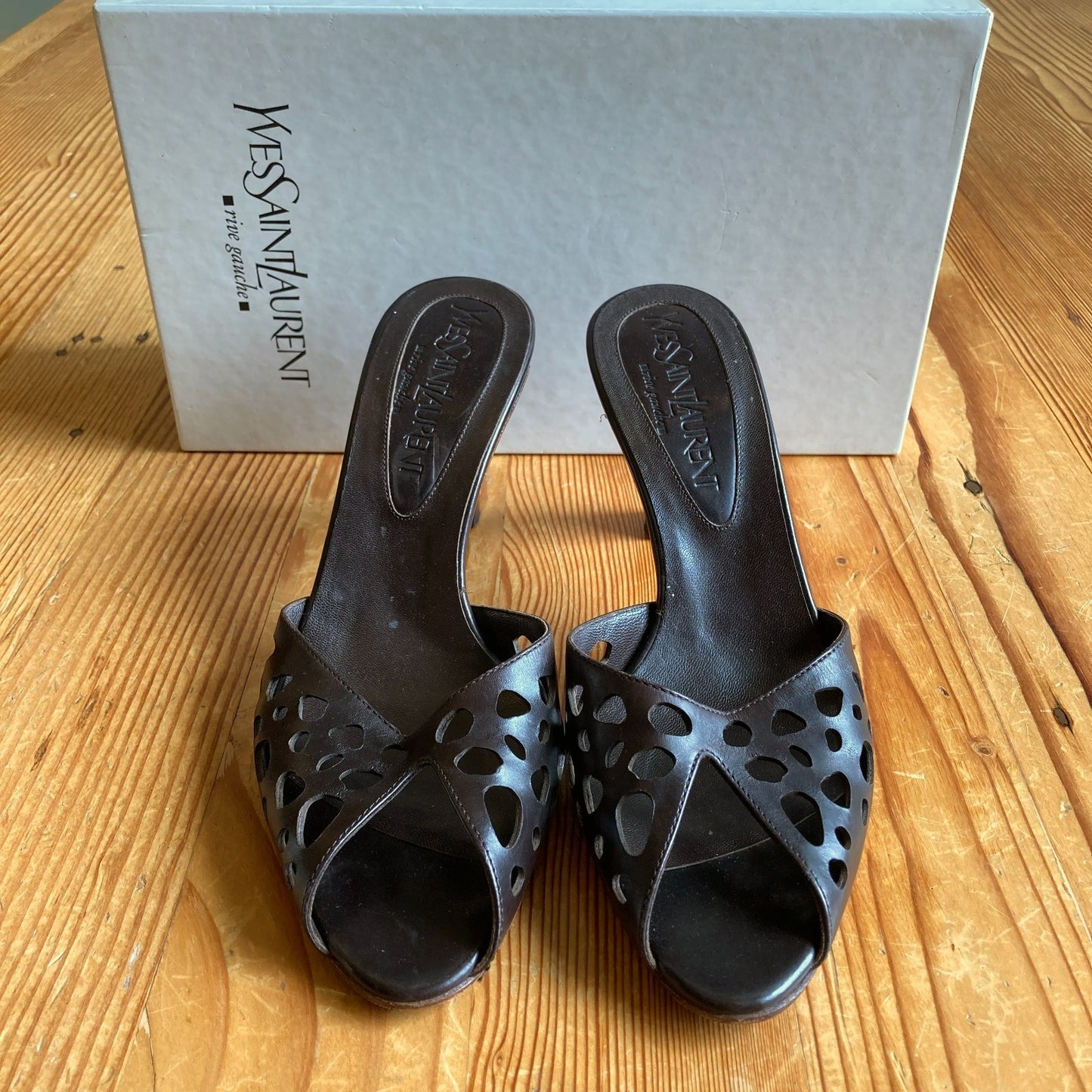 Yves Saint Laurent Black Peep Toe Cut Out Sandals Heels - Sz 37 w/ Box - 0802SM
