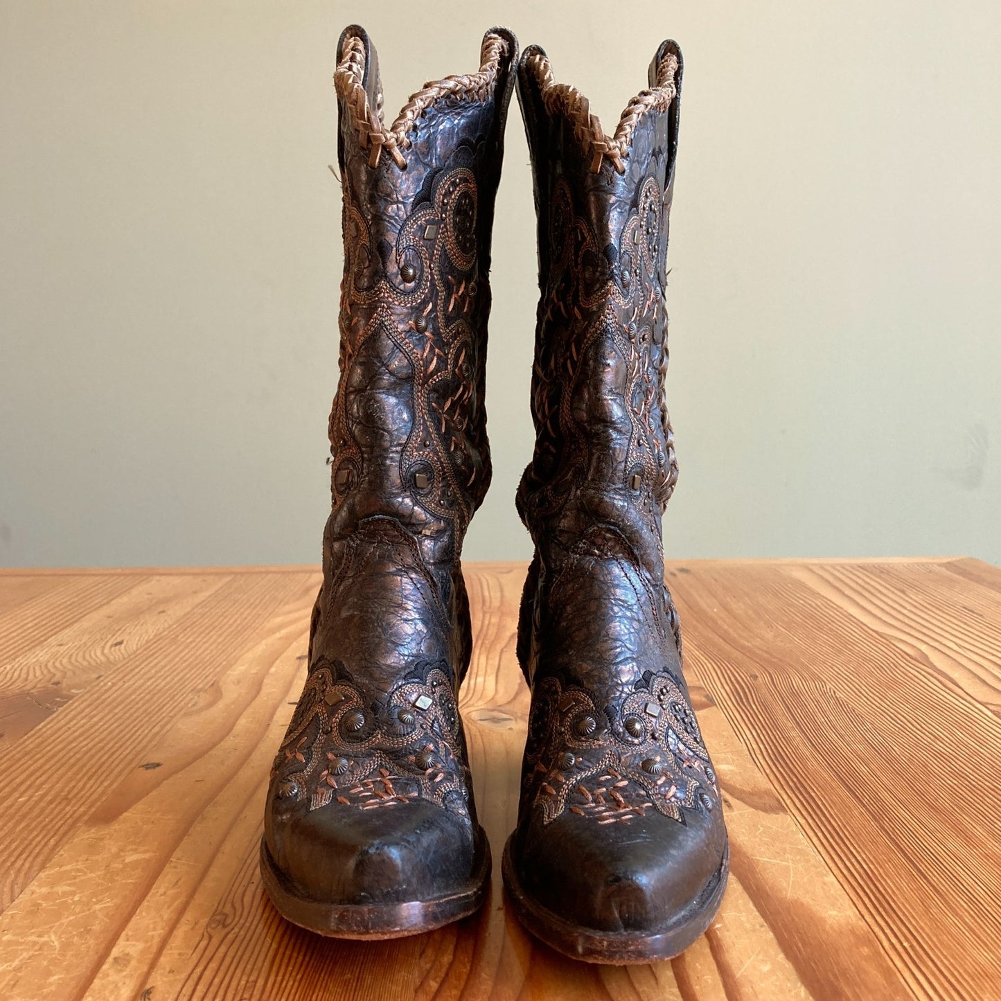 Corral Brown Leather Embroidered Braided Seam Western Boots - Size 7 - 0811GR