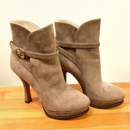 Prada Taupe Brown Suede Stiletto Heel Platform Ankle Boots - Sz 37 / 7 - 1017SC