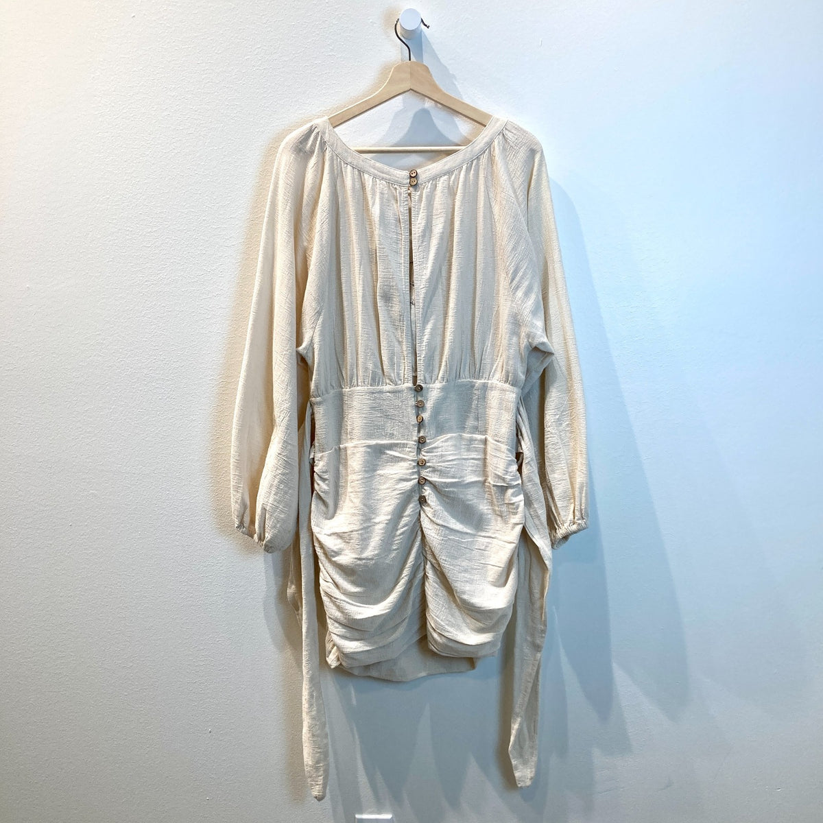 Free People White Long Blouson Sleeve Ruched Mini Dress - Size M - 0812AL