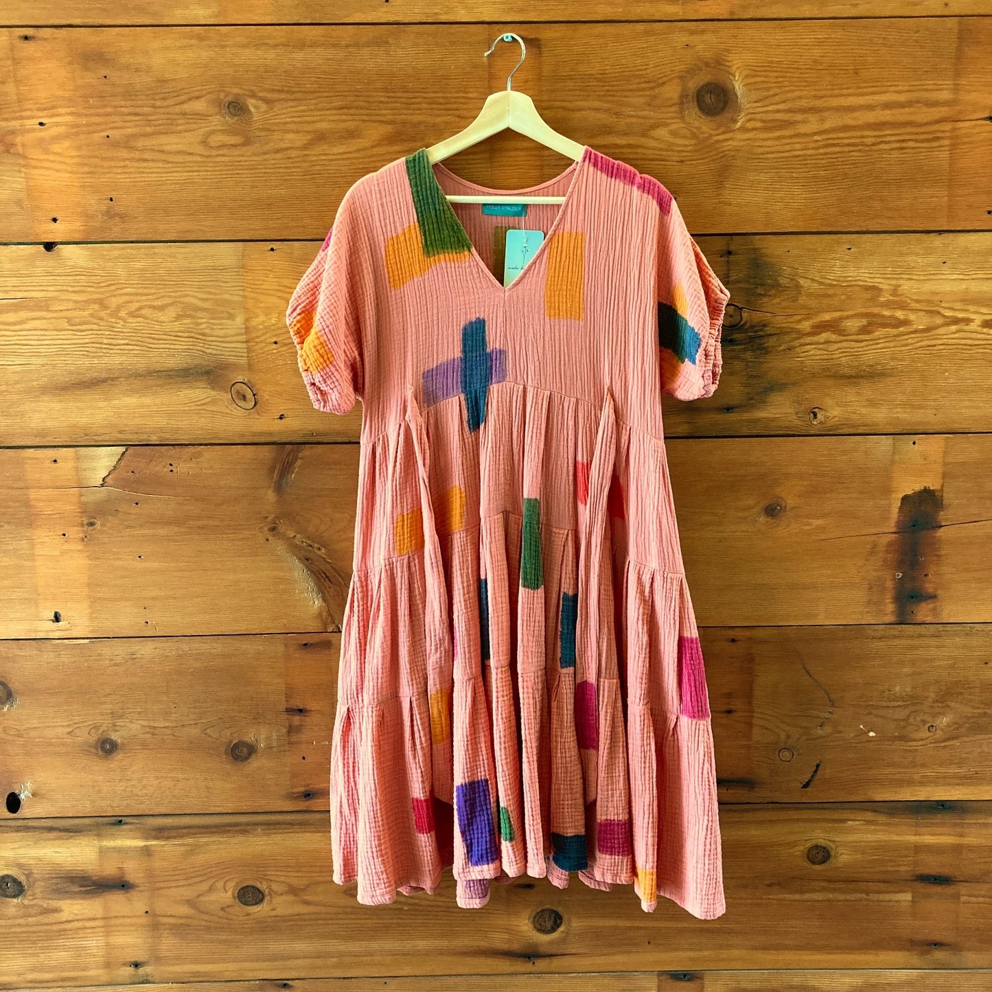Holly Stalder Pink Gauze Watercolor Hand Painted Tiered Dress - 1105AR