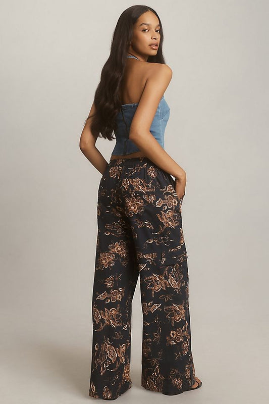 Pilcro Anthropologie Navy Patterned Linen Wide Leg Pants - Size S - NEW - 0501SE