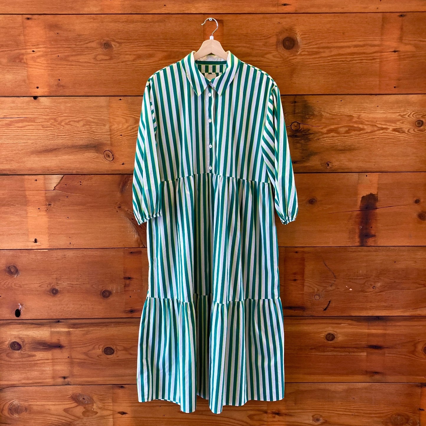 Maeve Anthropologie Green Striped Bettina Midi Length Dress - SIze L - 0206BS