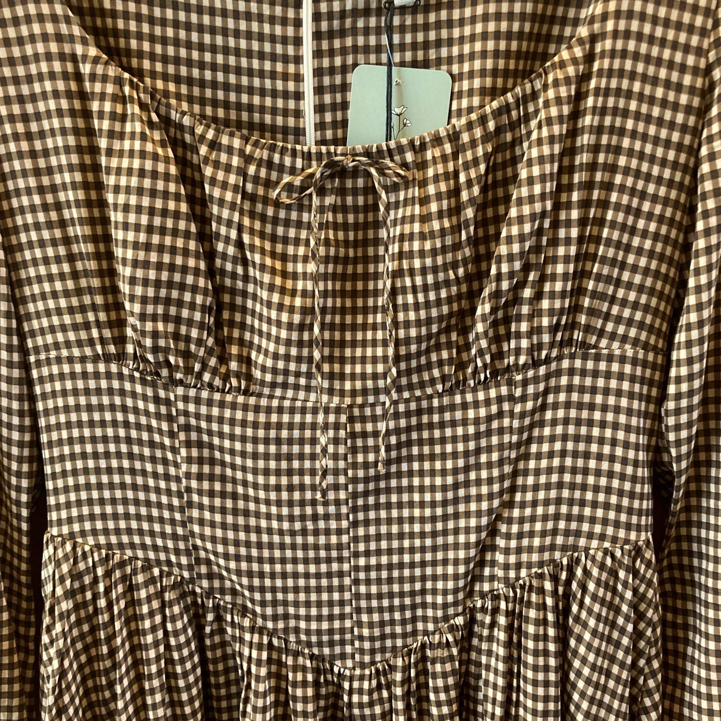 Reformation Brown Gingham NEW Long Sleeve Oria Midi Dress - Size 8 - 0607CC
