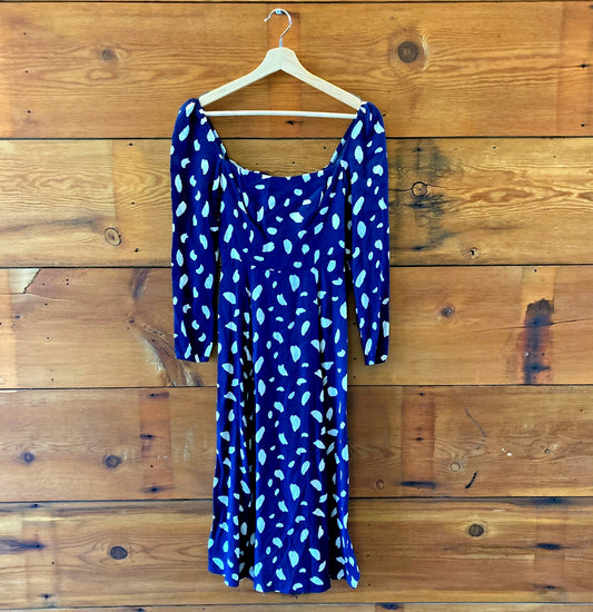 Reformation Navy Patterned Long Sleeve Midi Length Dress - Sz 0 Petite - 0515CJ