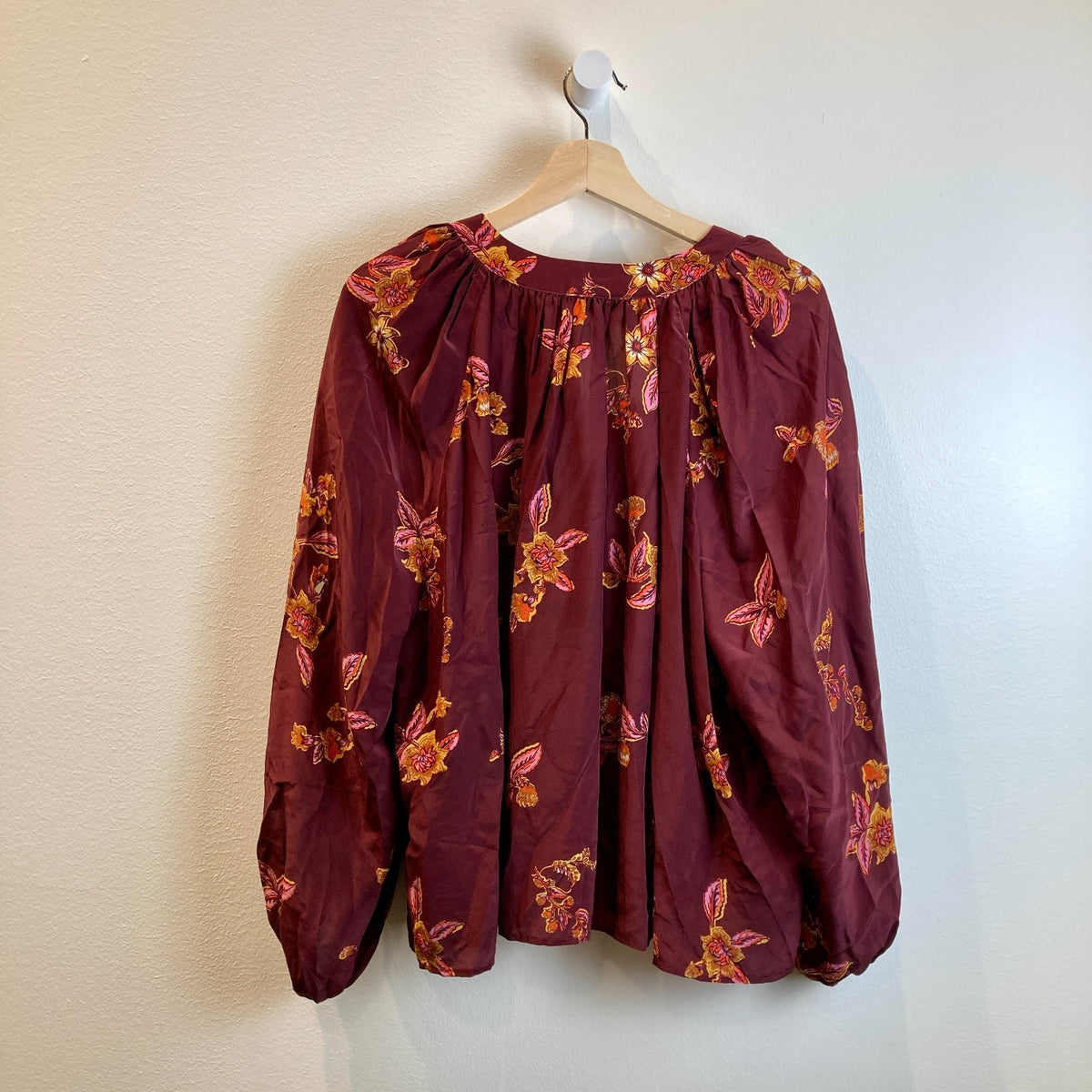Vanessa Bruno Burgundy Floral Silk Button Up Poof Sleeve Top - Size S - 0927EK