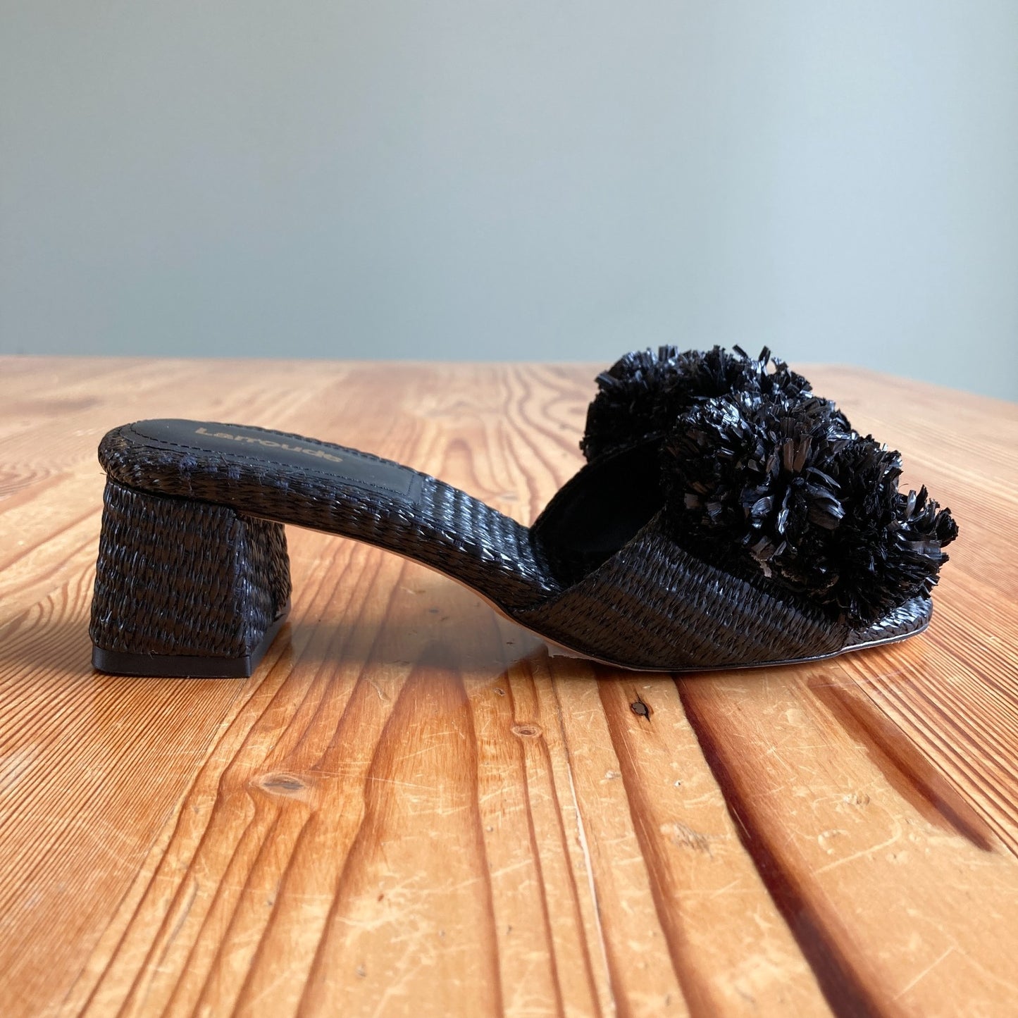 Larroude Black Raffia Brigitte Block Heel Mules Sandals - Size 6 - 0425GN